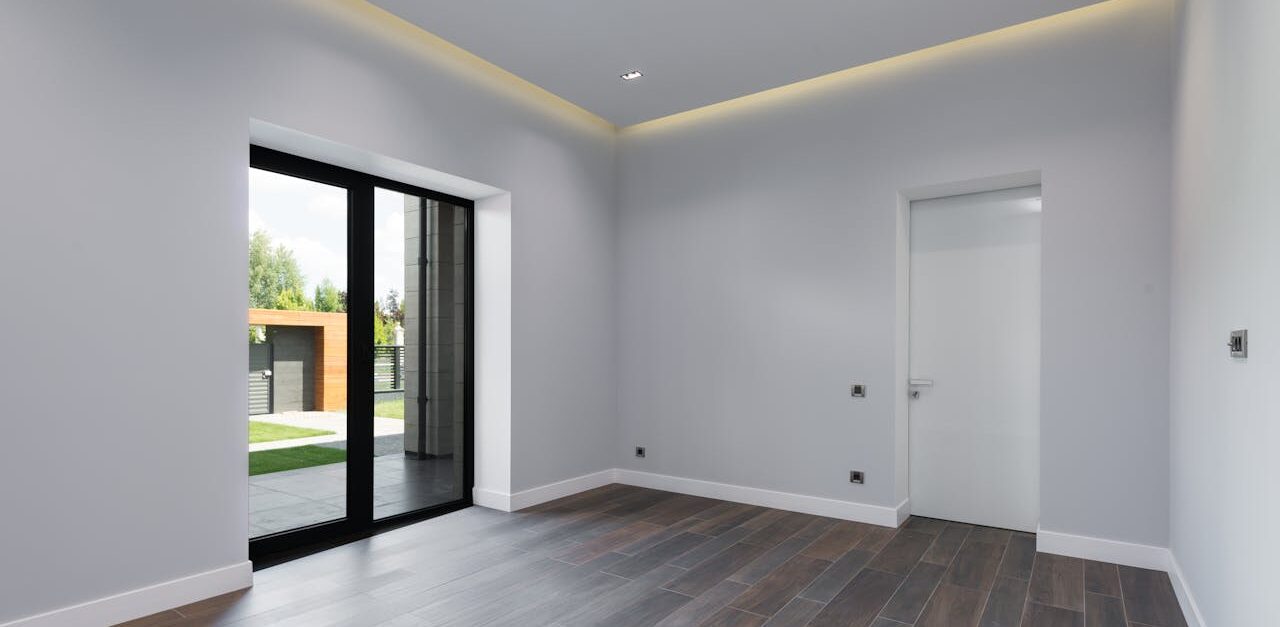 Spacious modern hall with glass doors